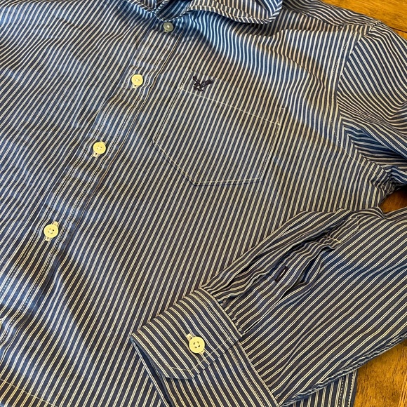 Woman’s Up-Cycled Ruffle Collar Blue Striped Button-Down Shirt with Pocket - Picture 3 of 9